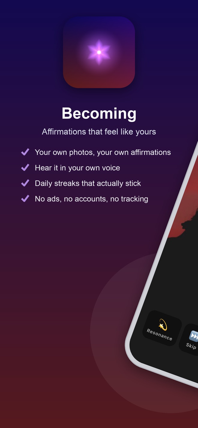 App icon, name, and Becoming's four core features listed on a dark purple background