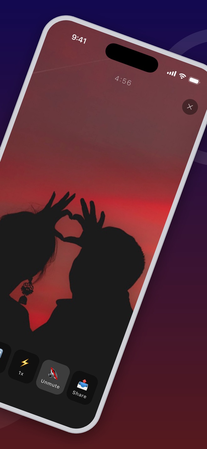 A phone showing a couple's heart-hands silhouette at sunset during a Love session