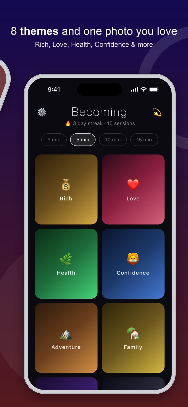 Home screen with 8 themes — Rich, Love, Health, Confidence, Adventure, Family and more