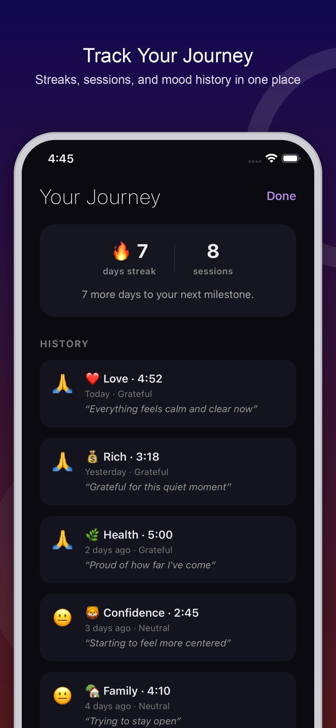 Your Journey screen showing streak, session count, and mood history