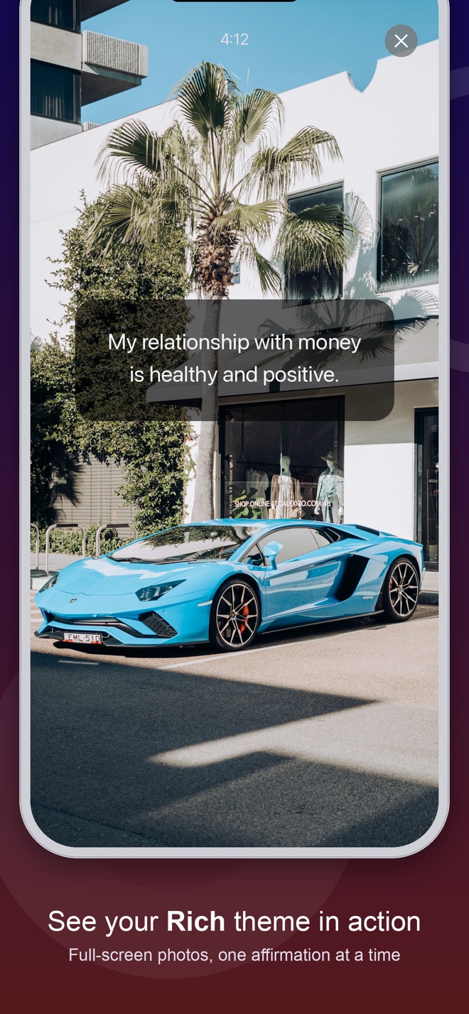 A Rich-themed session showing a sports car with a money affirmation overlaid
