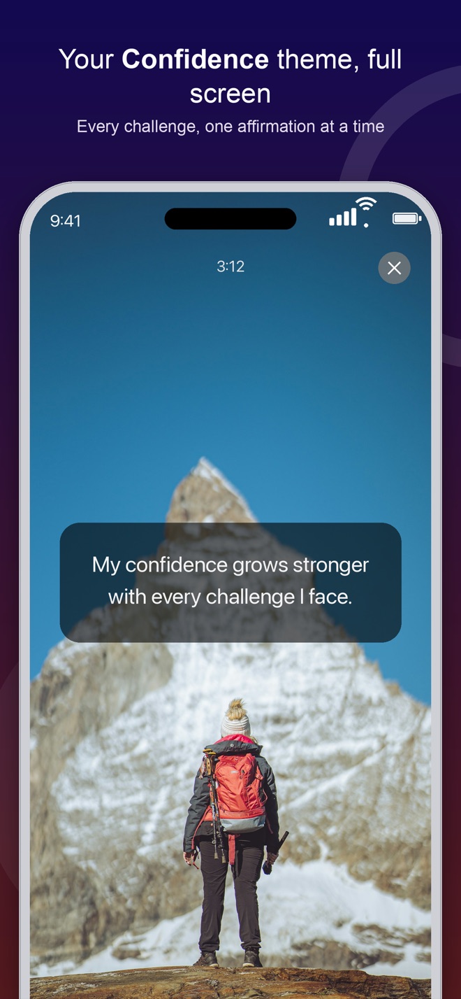 A Confidence-themed session showing a hiker facing a snow-capped mountain peak