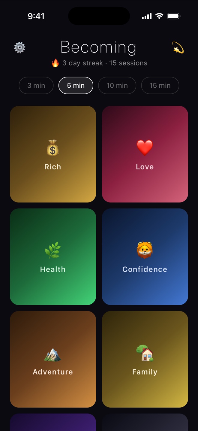 Becoming's home screen showing 8 affirmation themes and a streak counter
